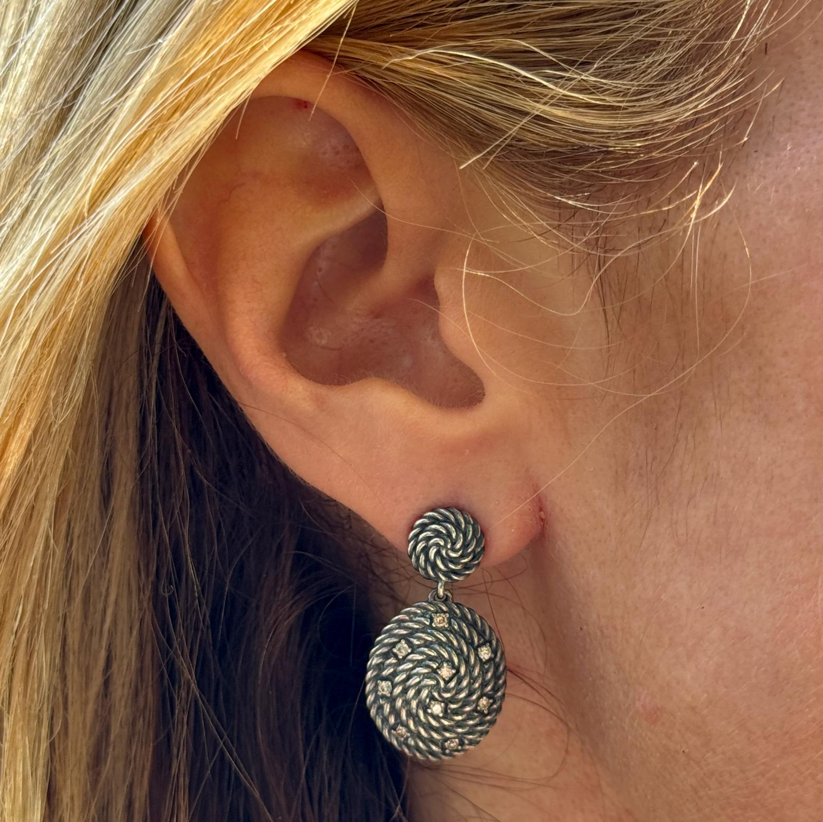 David Yurman Diamond Sterling Silver Cable Coil Drop Earrings