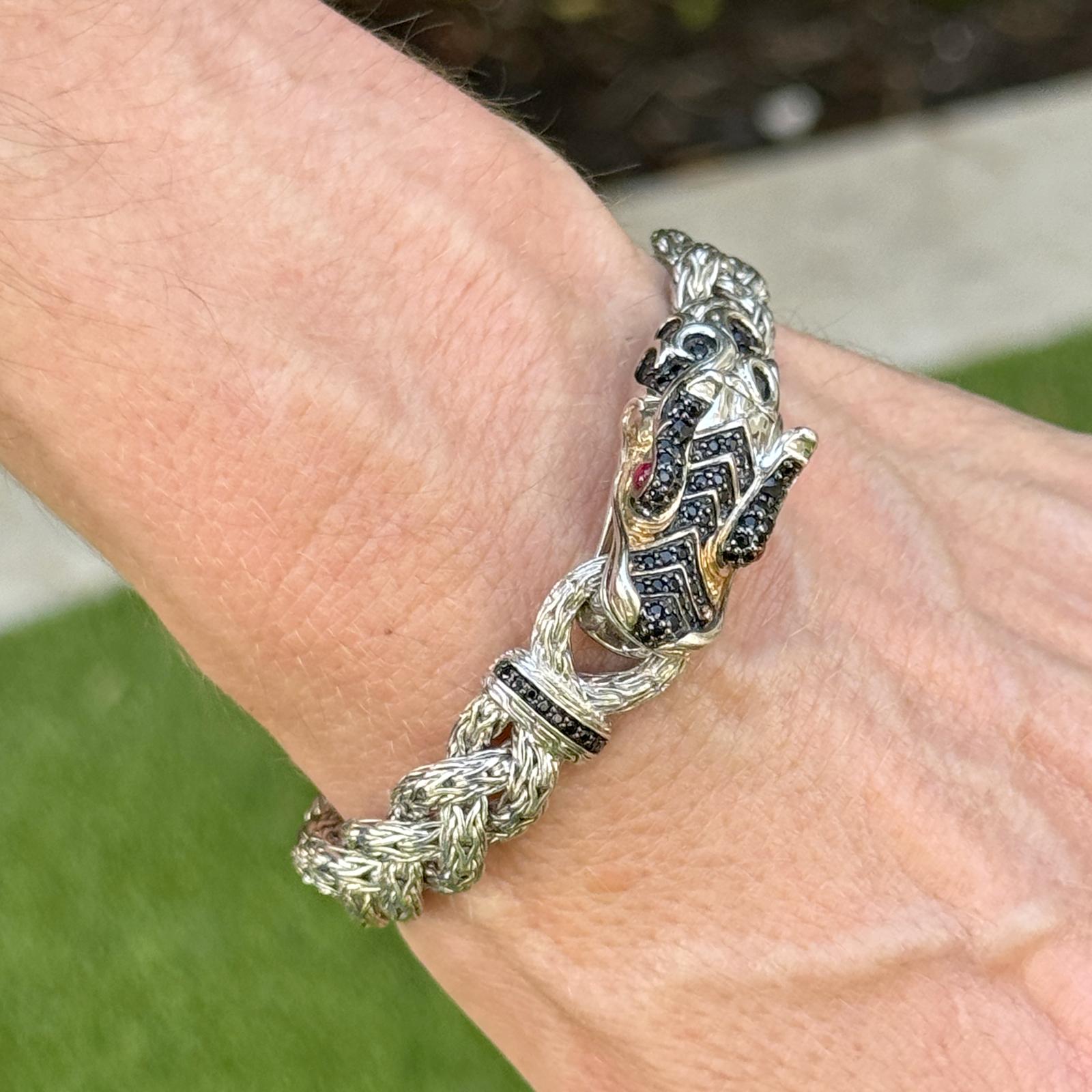 John Hardy Dragon Bracelet Braided SS/18KYG Black Sapphires & Ruby Eyes