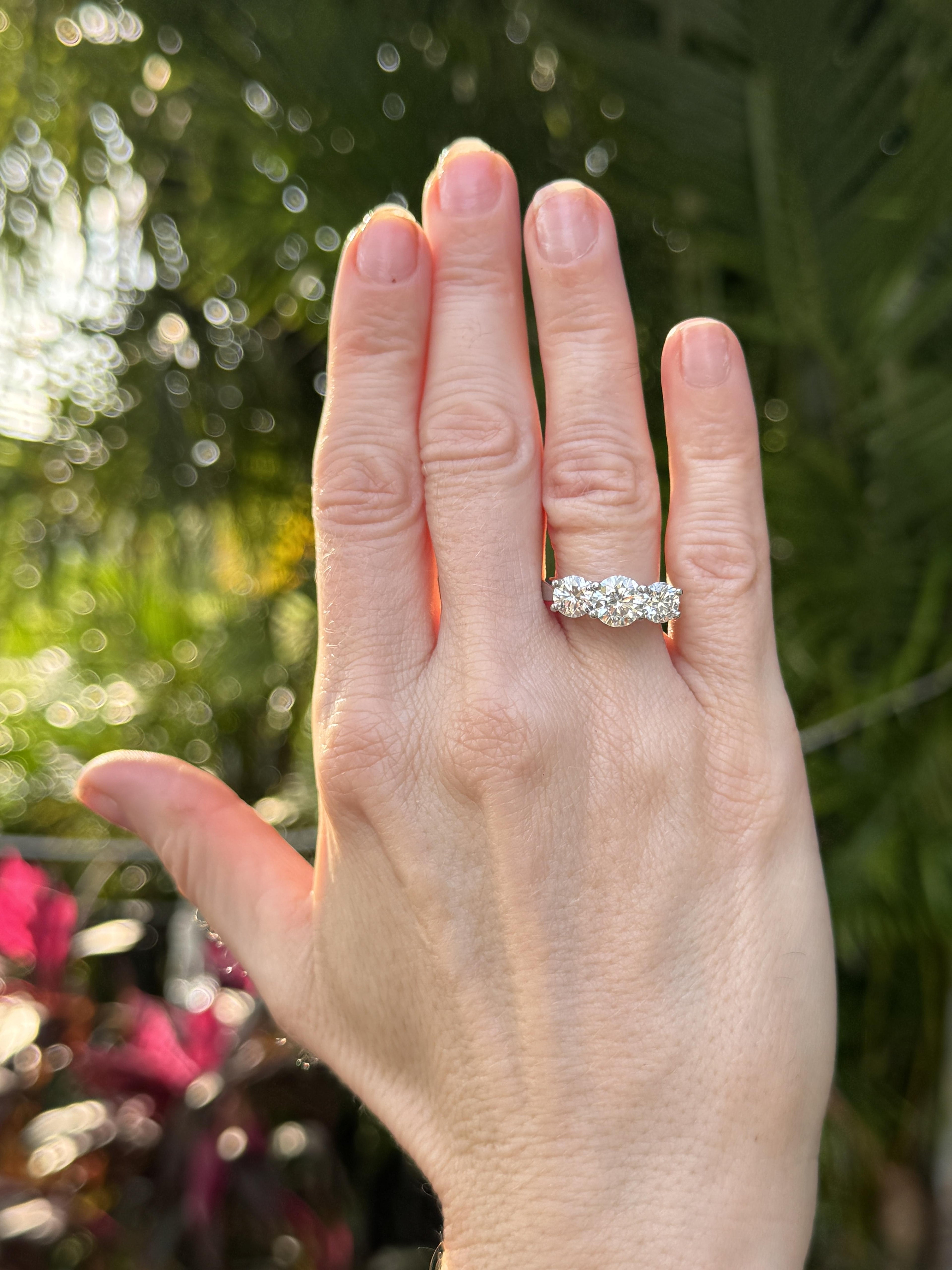 Three Stone Round Brilliant Cut Diamond Platinum Wedding Anniversary Band Ring