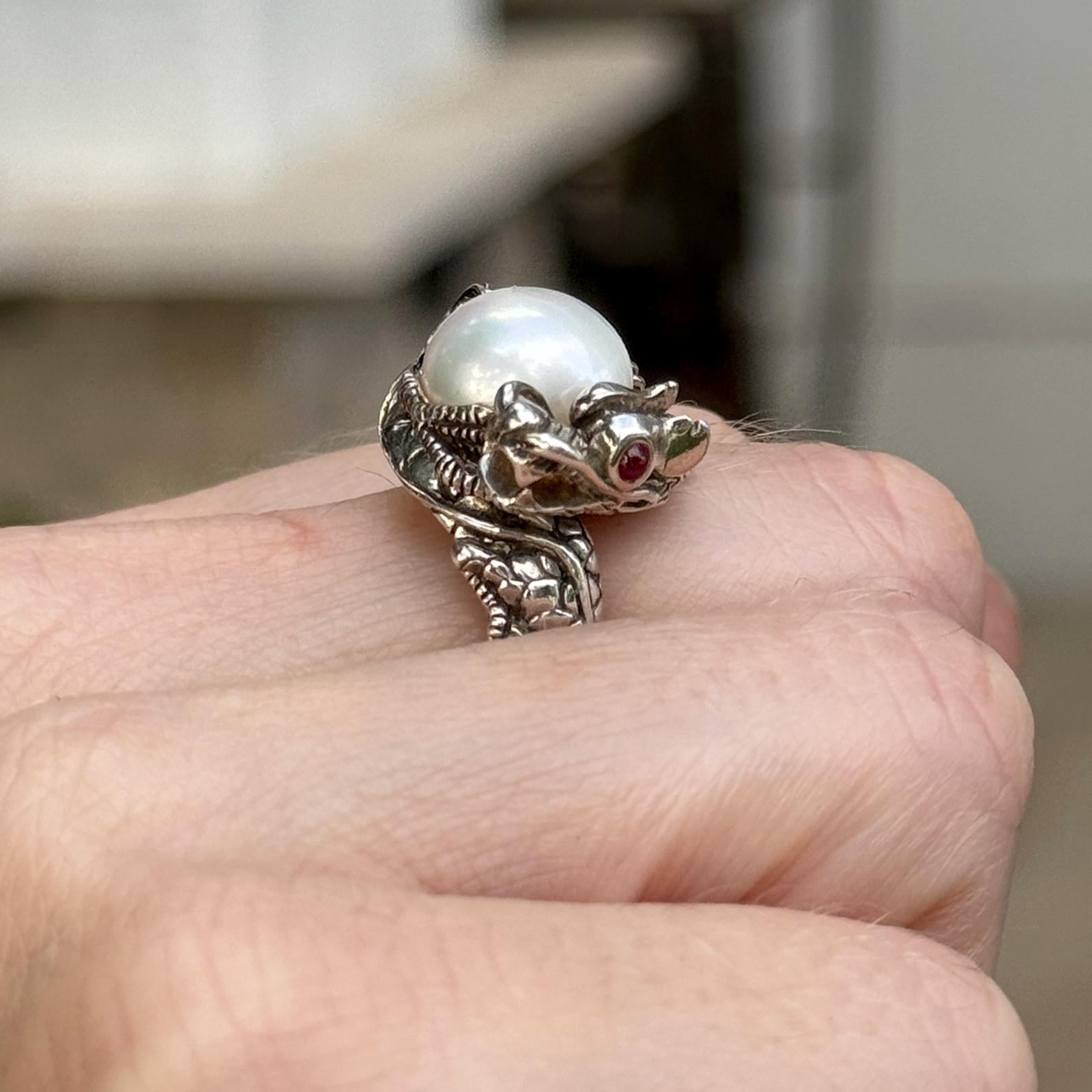 John Hardy Dragon Sterling Silver Ring with Pearl & Black Sapphire