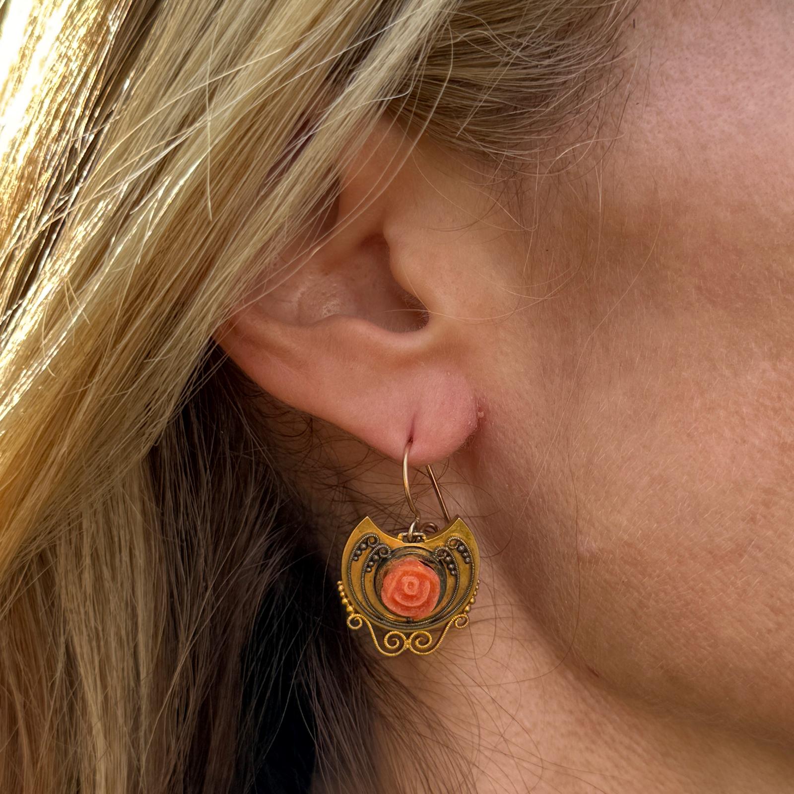 Victorian Carved Coral 14 Karat Yellow Gold Rose Bud Handcrafted Dangle Earrings