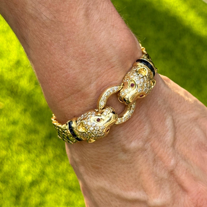 Diamond 14 Karat Yellow Gold Panther Bracelet Accent Rubies & Sapphires