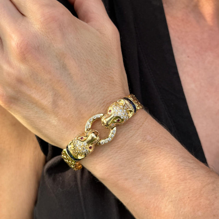 Diamond 14 Karat Yellow Gold Panther Bracelet Accent Rubies & Sapphires