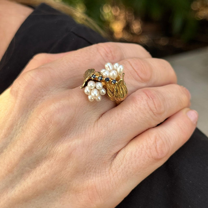 Late-20th Century Cultured Pearl Sapphire 14K Yellow Gold Vintage Tulip Ring