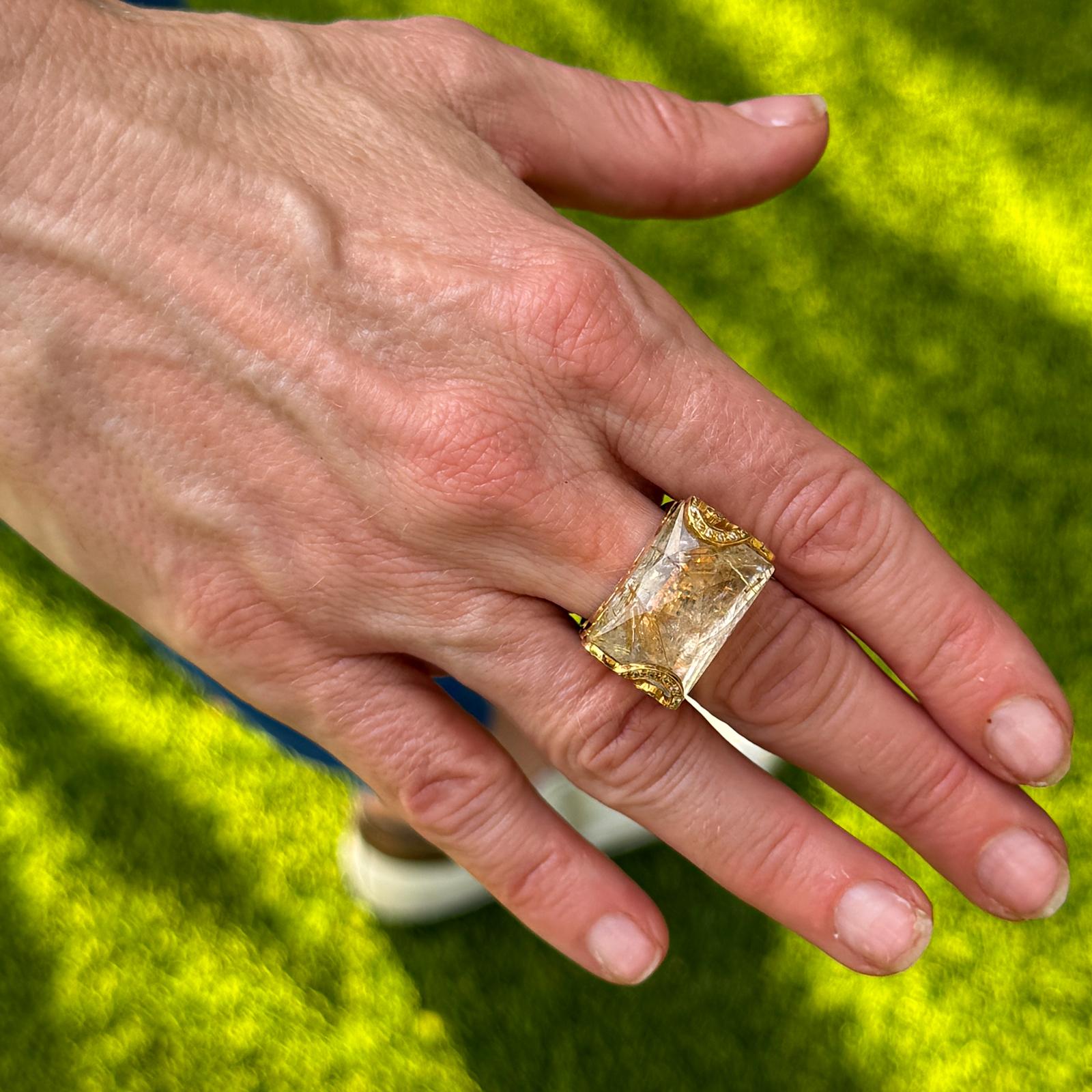 Diamond & Carved Rutile Quartz 18 Karat Yellow Gold Contemporary Ring Vancox