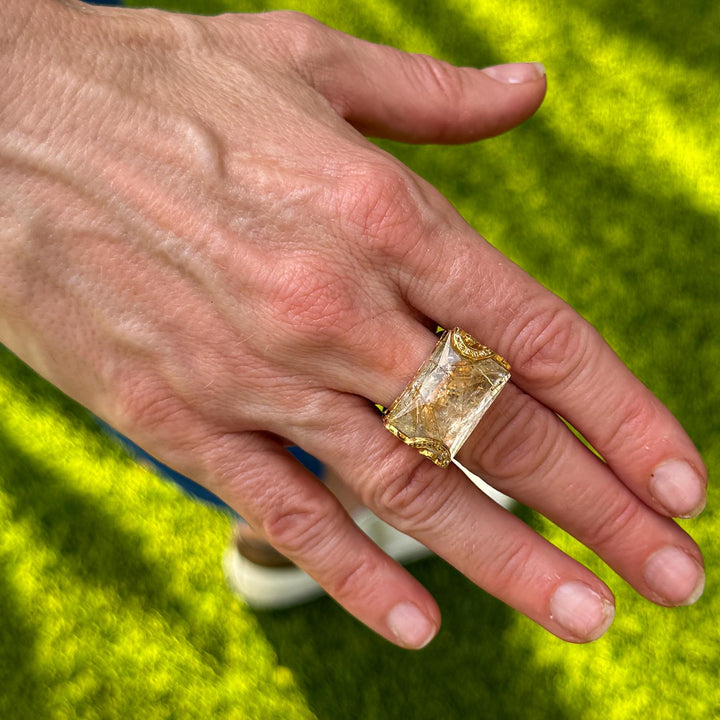 Diamond & Carved Rutile Quartz 18 Karat Yellow Gold Contemporary Ring Vancox