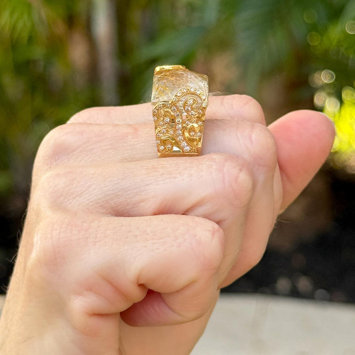 Diamond & Carved Rutile Quartz 18 Karat Yellow Gold Contemporary Ring Vancox