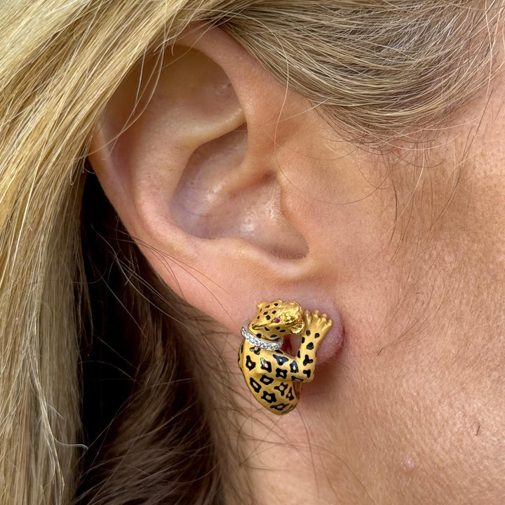 Carrera Y Carrera 18K Yellow Gold Diamond & Enamel Panther Earrings