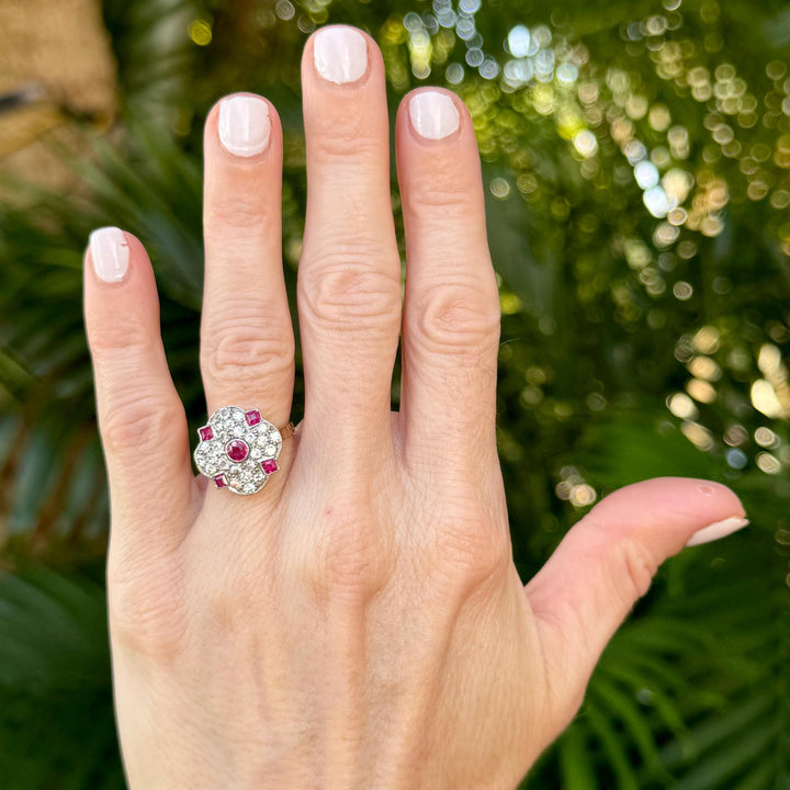 1950's Diamond Ruby 18 Karat Yellow Gold Platinum Vintage Ring
