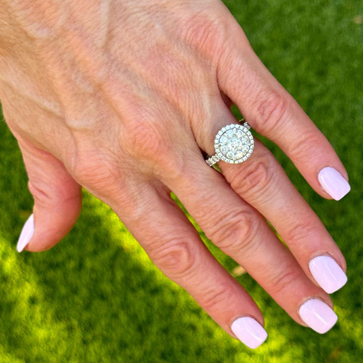 Diamond Cluster 14 Karat White Gold Halo Engagment Ring Modern