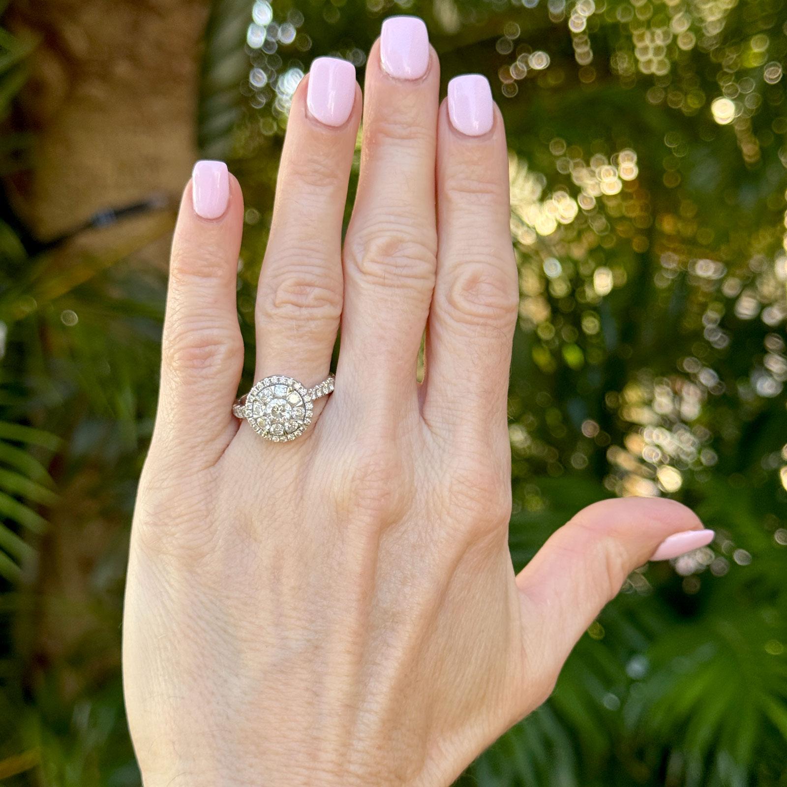 Diamond Cluster 14 Karat White Gold Halo Engagment Ring Modern