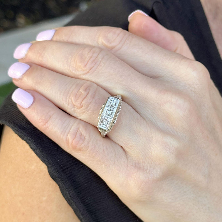 1950's Diamond Filigree 14 Karat White Gold Three Stone Vintage Ring