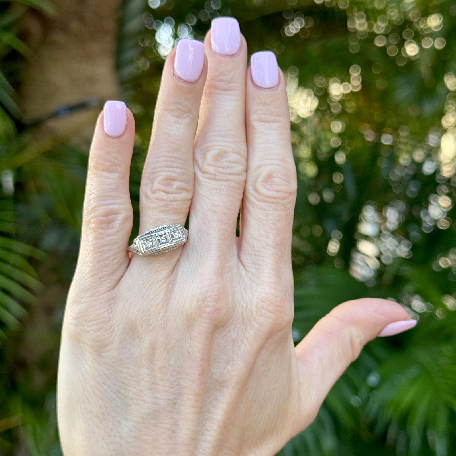 1950's Diamond Filigree 14 Karat White Gold Three Stone Vintage Ring