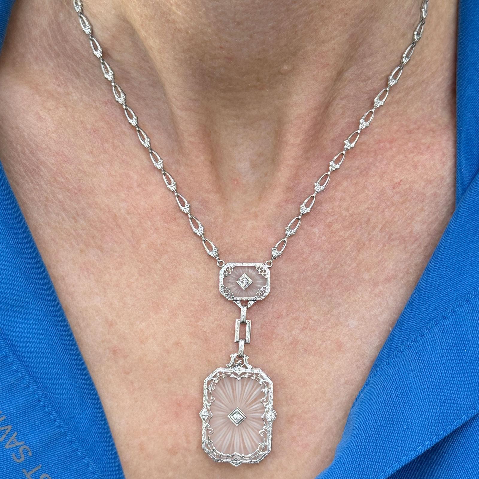 Late Art Deco Carved Rock Crystal & Diamond Pendant 14KWG Link Necklace