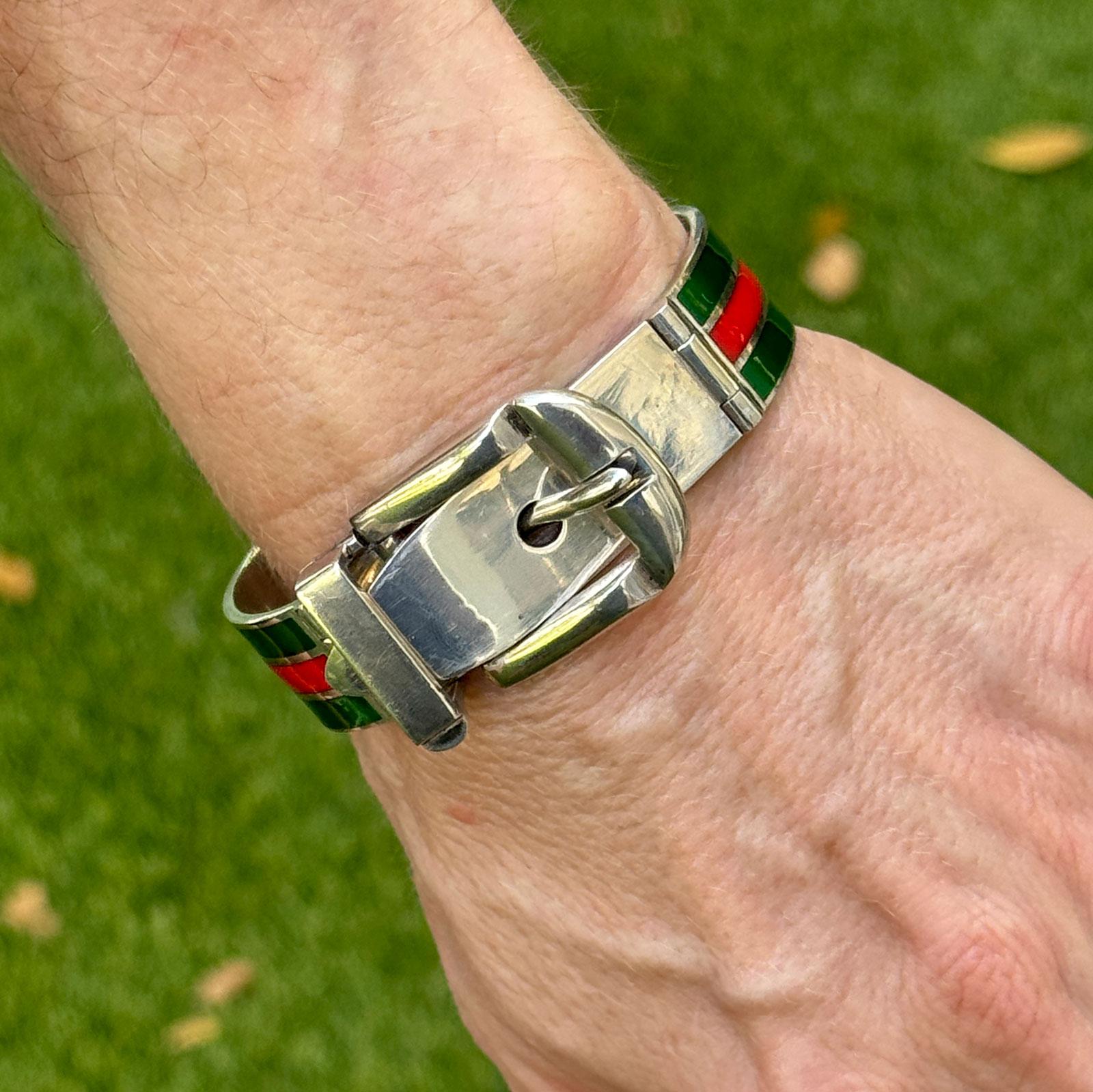 Late 20th Century Gucci Sterling Silver Enamel Hinged Buckle Bangle Bracelet
