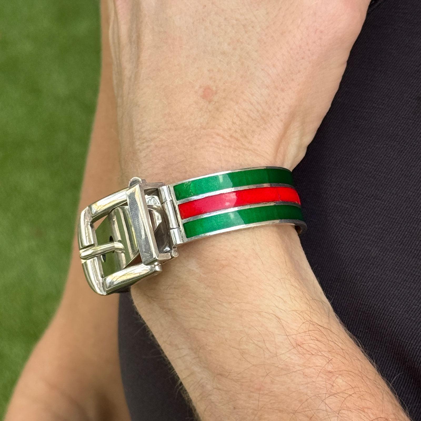 Late 20th Century Gucci Sterling Silver Enamel Hinged Buckle Bangle Bracelet