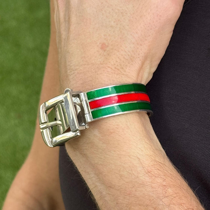 Late 20th Century Gucci Sterling Silver Enamel Hinged Buckle Bangle Bracelet