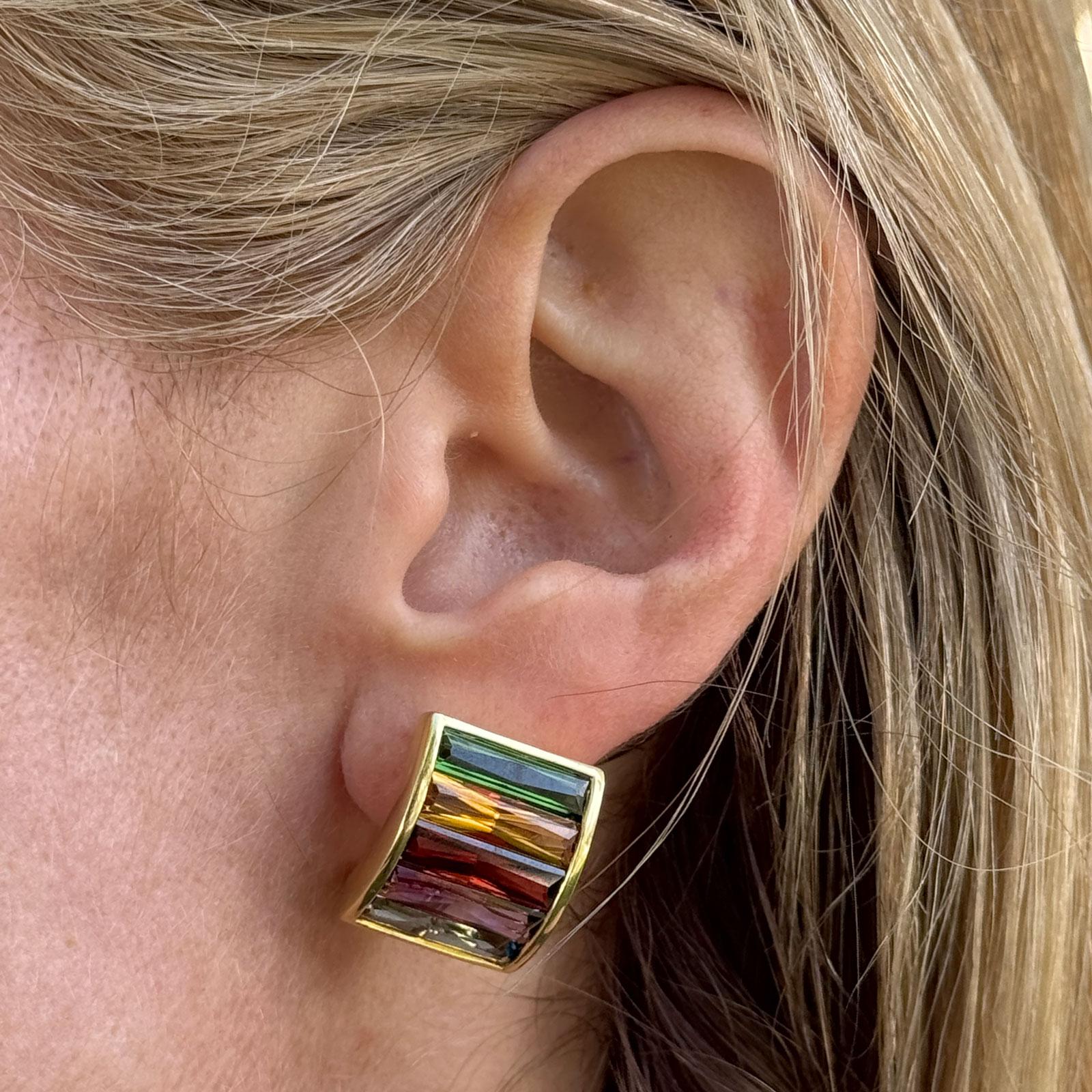 H Stern Rainbow Multi-Color Gemstone 18KYG Leverback Vintage Earrings 1980's
