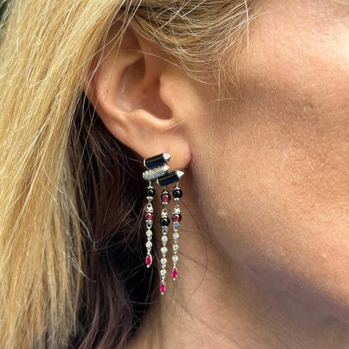 Diamond Onyx Ruby 18 Karat White Gold Deco-Inspired Dangle Drop Earrings
