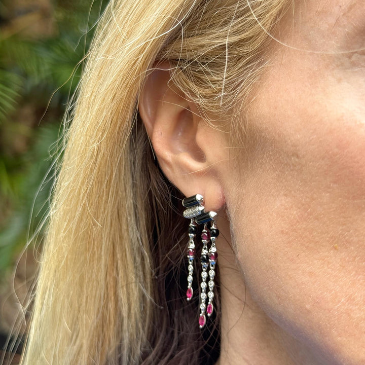 Diamond Onyx Ruby 18 Karat White Gold Deco-Inspired Dangle Drop Earrings