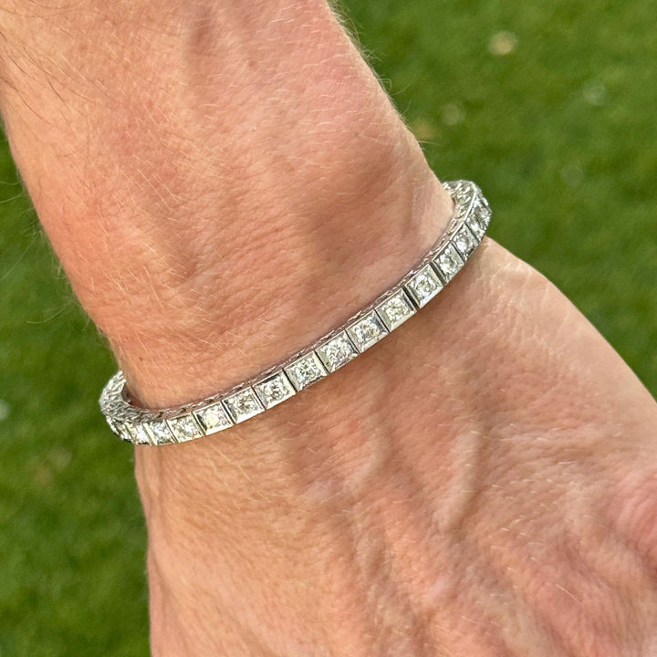 1950's Diamond Box Link White Gold Vintage Line Bracelet
