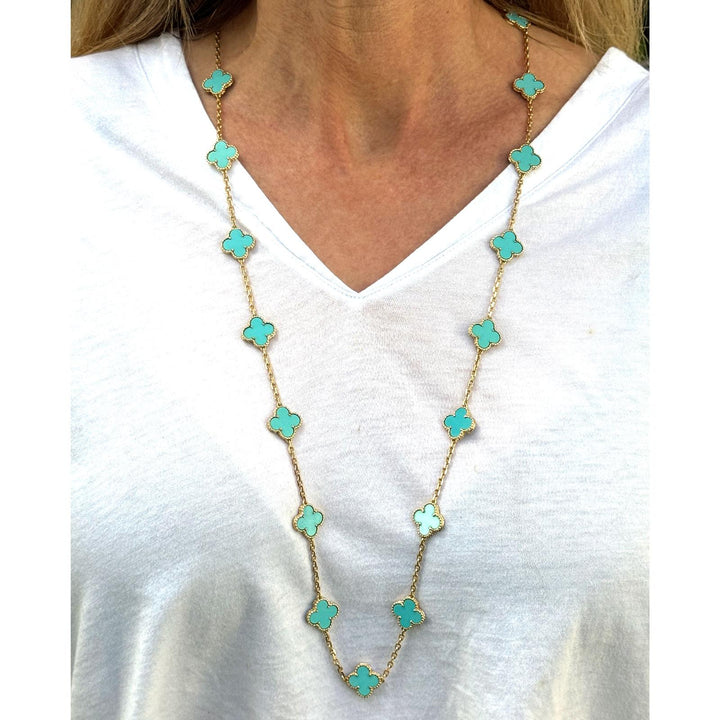 Van Cleef Vintage Alhambra 20 Motif Turquoise 18KYG Necklace Rare B&P's