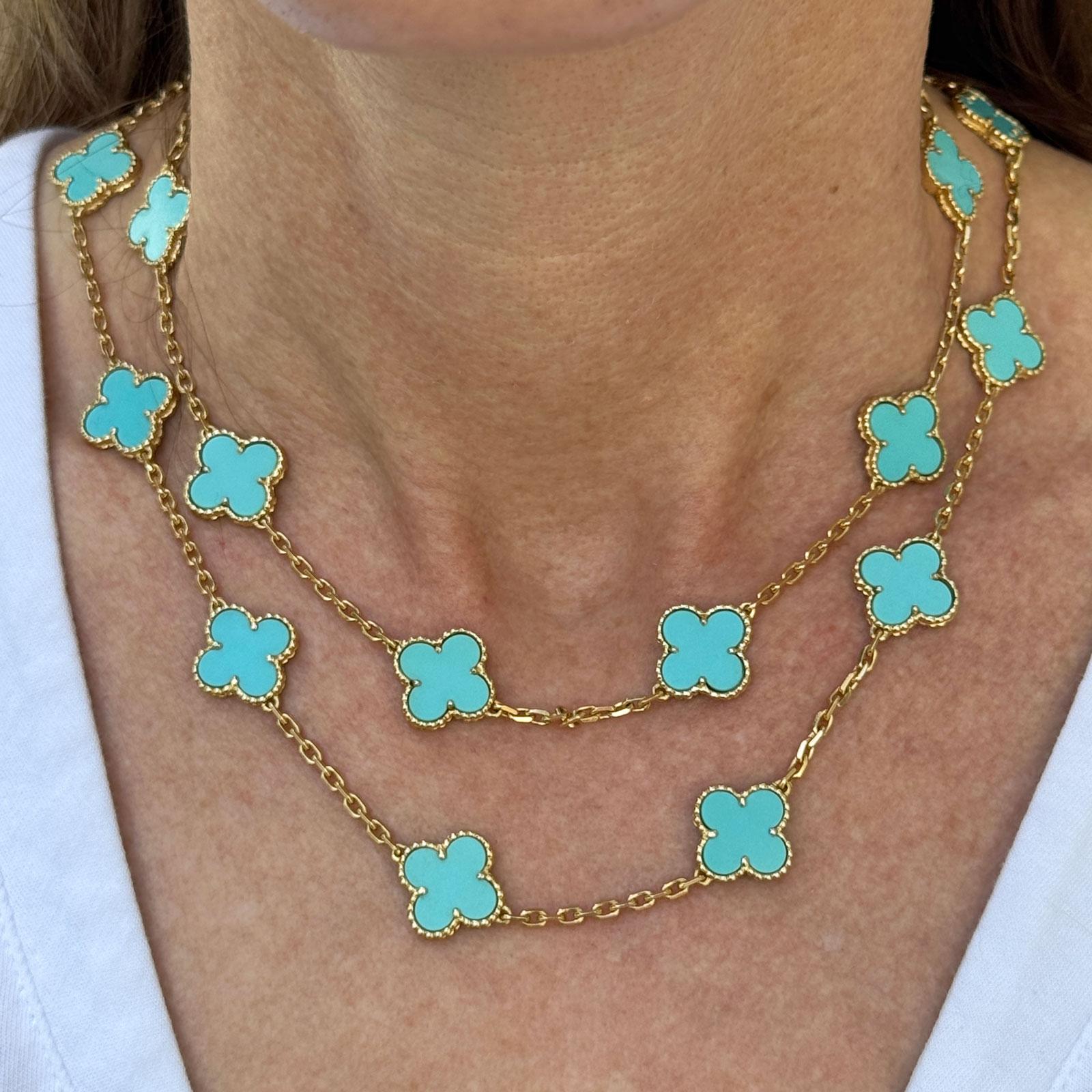 Van Cleef Vintage Alhambra 20 Motif Turquoise 18KYG Necklace Rare B&P's