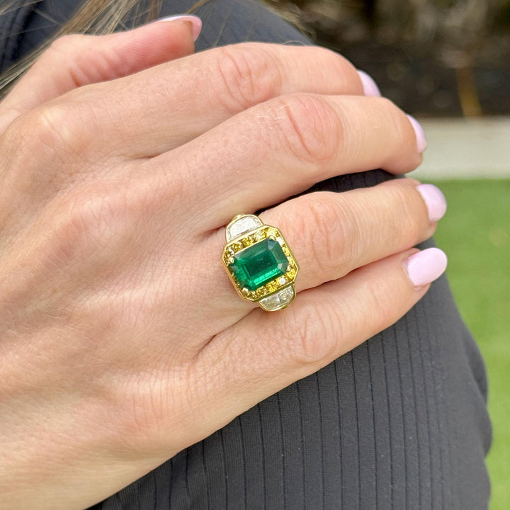 3.07 Carat Emerald Yellow Diamond 18 Karat Yellow Gold Cocktail Ring AGL Cert