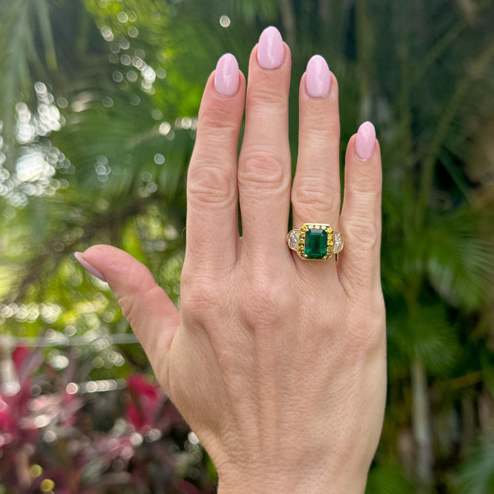 3.07 Carat Emerald Yellow Diamond 18 Karat Yellow Gold Cocktail Ring AGL Cert
