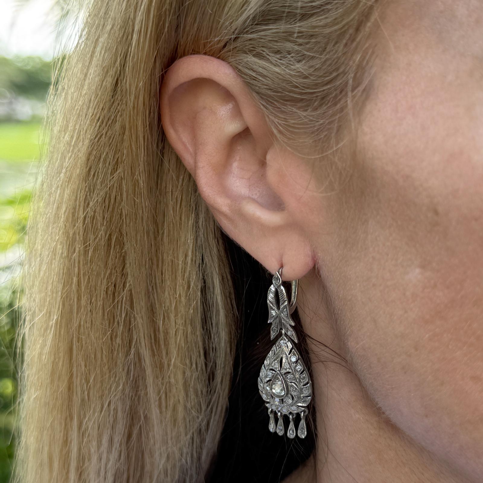 Rose Cut Diamond Silver Dangle Drop Vintage Earrings