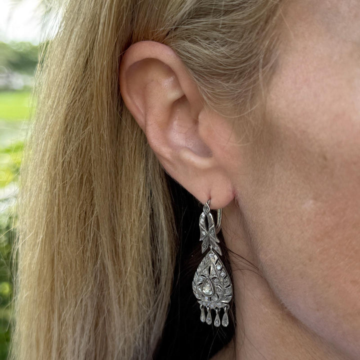 Rose Cut Diamond Silver Dangle Drop Vintage Earrings