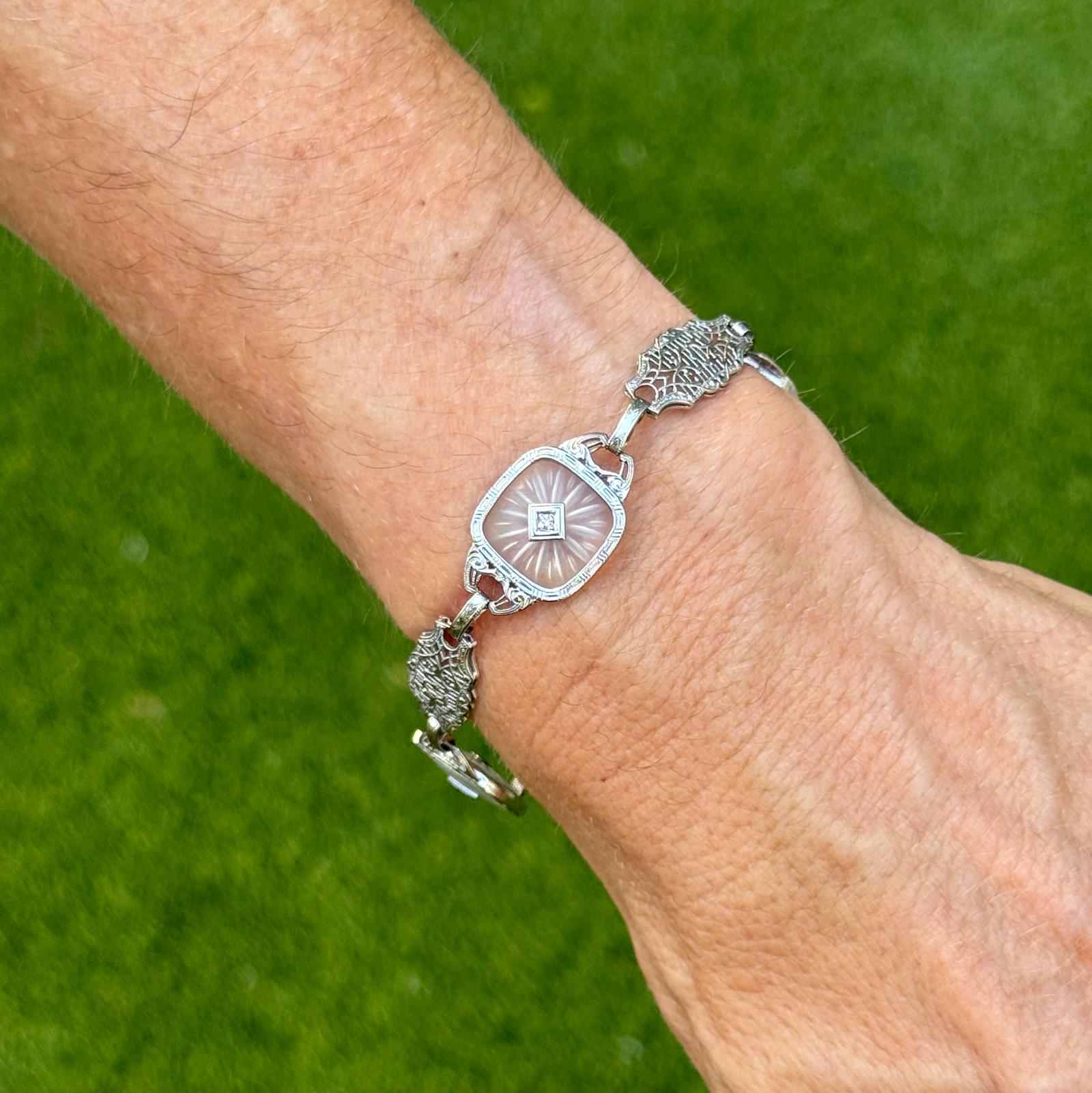 Mid-20th Century Carved Rock Crystal Diamond Platinum Link Bracelet