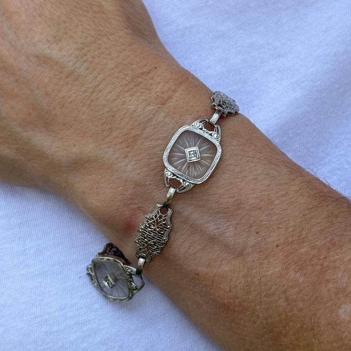 Mid-20th Century Carved Rock Crystal Diamond Platinum Link Bracelet