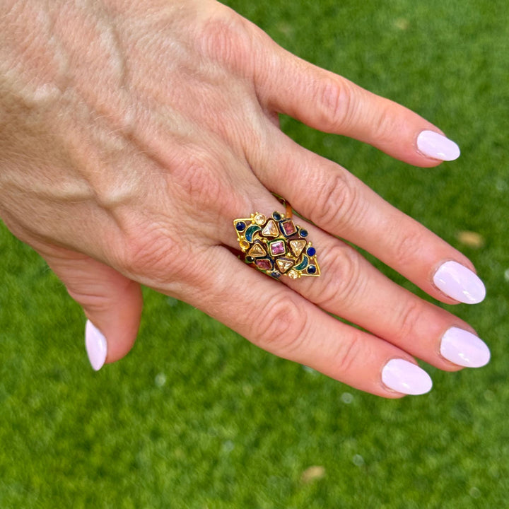 22 Karat Color Gemstone Navette Style Vintage Ring