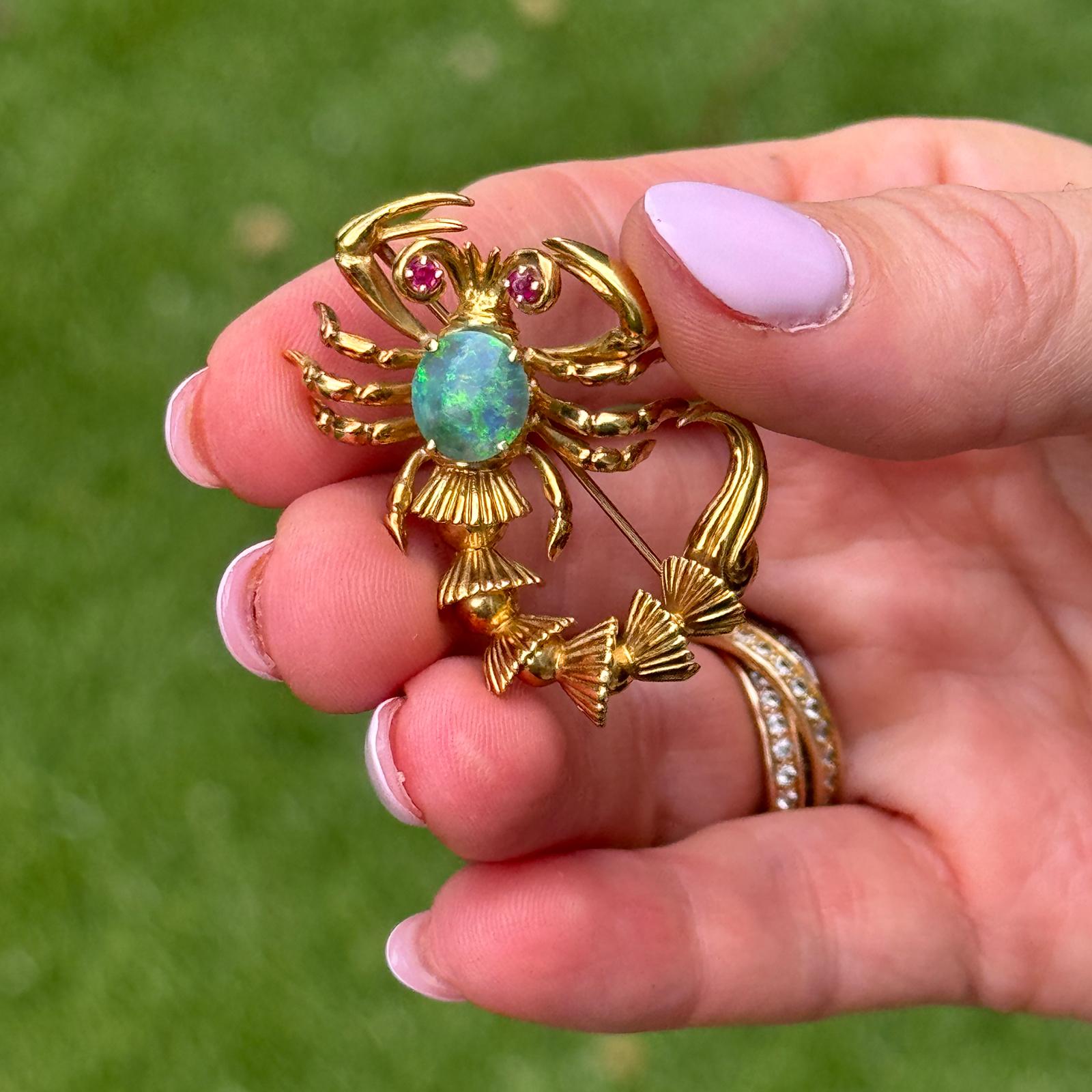 1970's Scorpion Opal Ruby Accent 18 Karat Yellow Gold Vintage Brooch