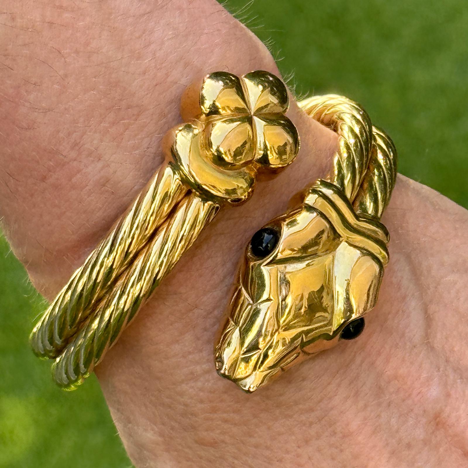 Italian Snake 14 Karat Yellow Gold Hinged Two Row Cable Vintage Bangle Bracelet
