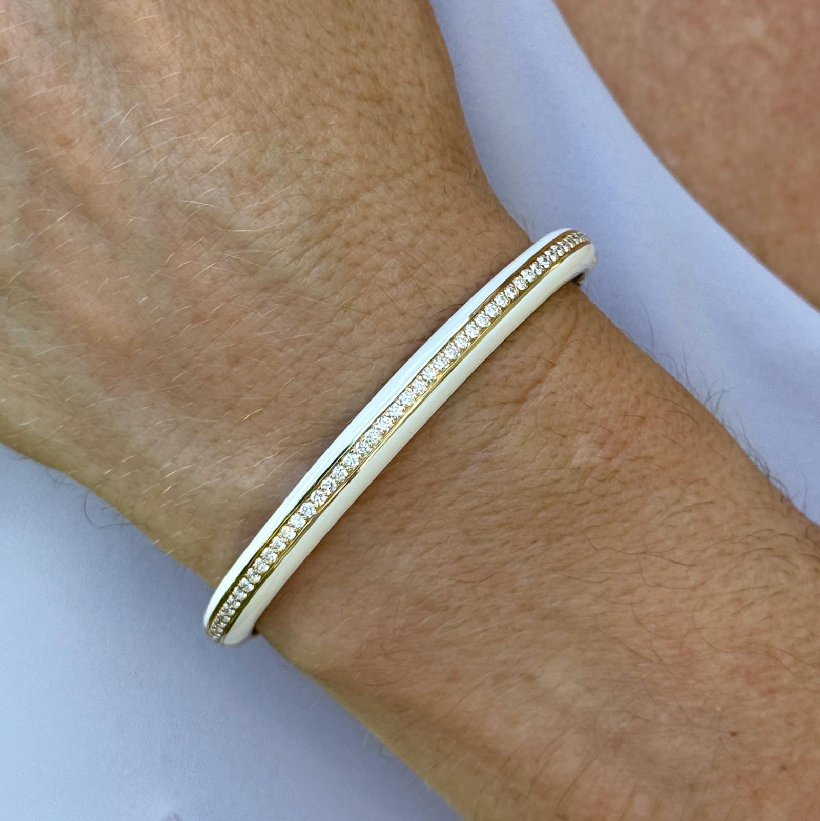 Diamond and White Ceramic Stackable 18K Yellow Gold Hinged Bangle Bracelet New