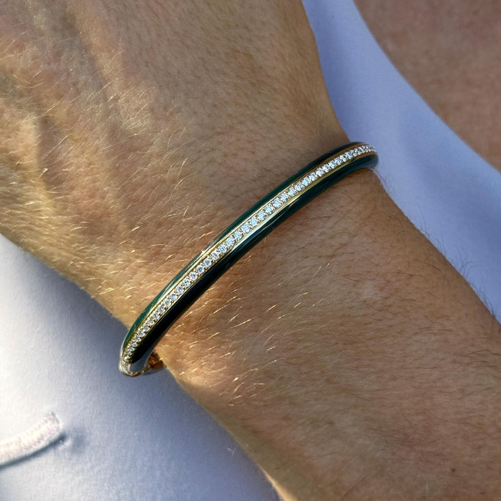 Diamond & Green Ceramic Stackable Hinged 18K Yellow Gold Bangle Bracelet New