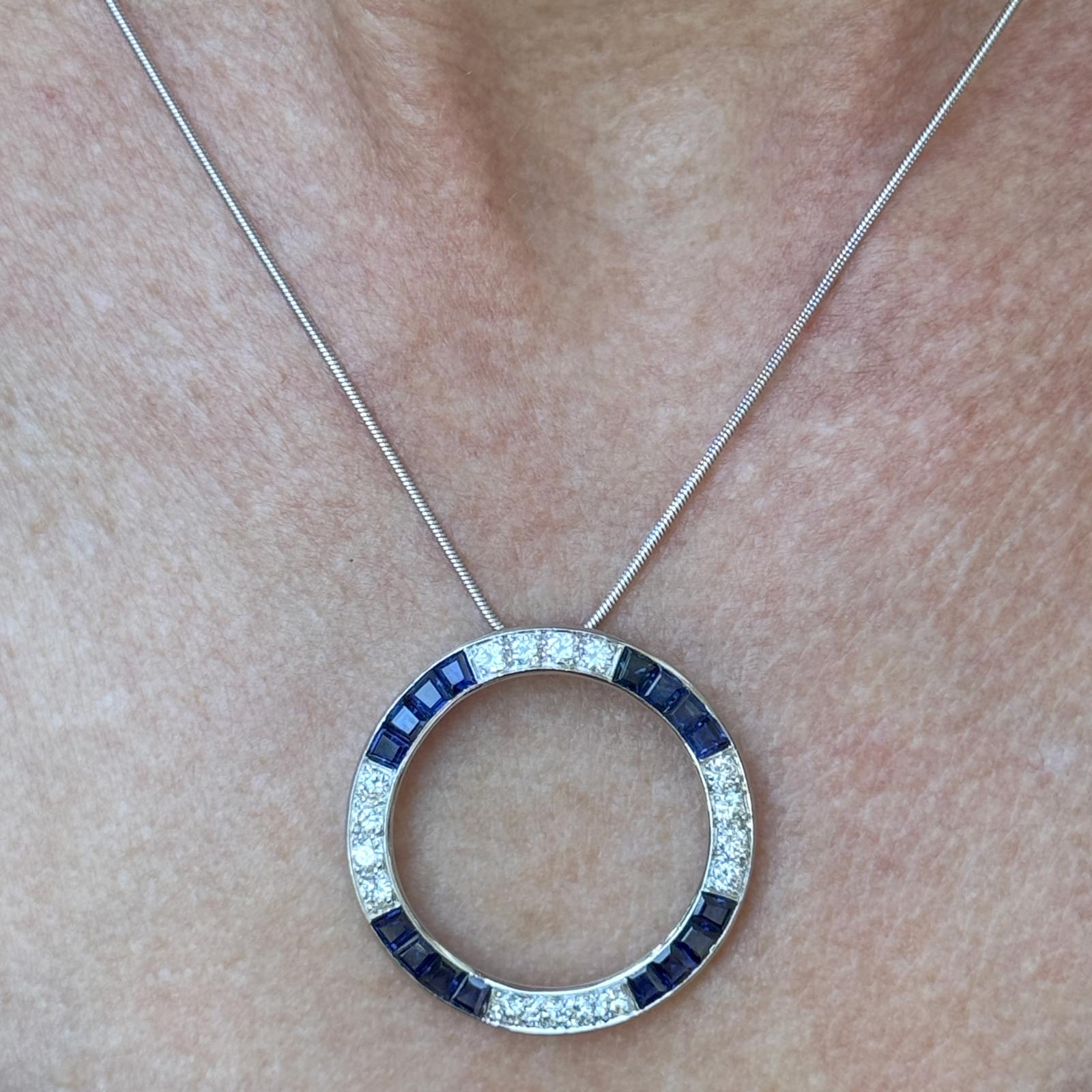 Diamond Sapphire Platinum Open Circle Vintage Pendant Necklace