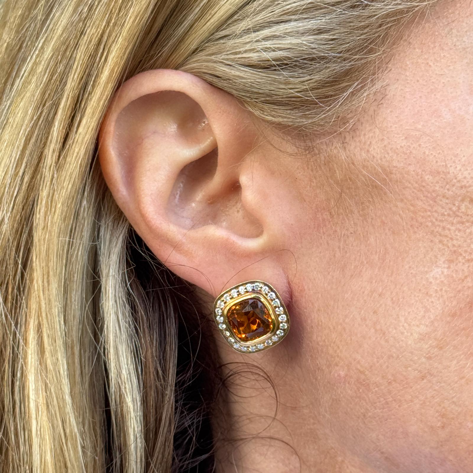 Cushion Cut Citrine Diamond 18 Karat Yellow Gold Leverback Earrings