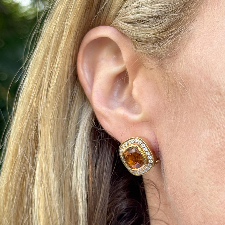Cushion Cut Citrine Diamond 18 Karat Yellow Gold Leverback Earrings