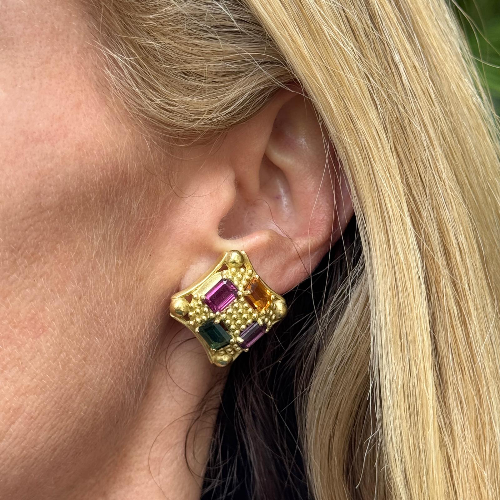 Doris Panos Colored Gemstone 18 Karat Yellow Gold Earclip Earrings