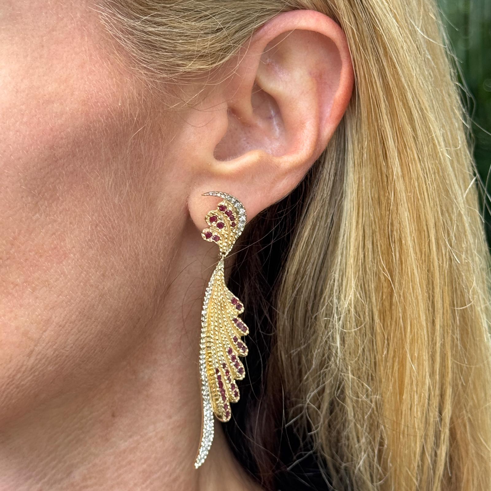 Diamond Ruby 14 Karat Yellow Gold Dangle Drop Contemporary Earrings Signed Erté