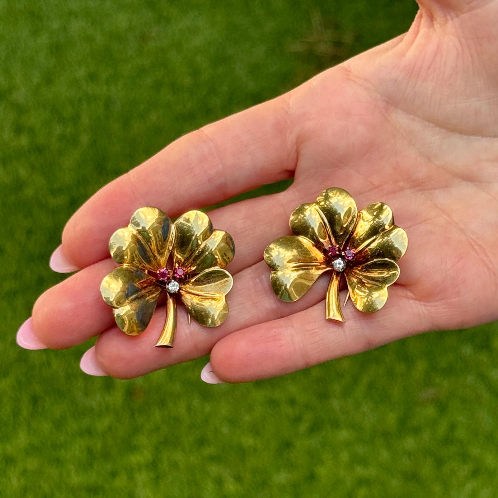 Tiffany & Co. Diamond Ruby 14 Karat Yellow Gold Clover Brooch Set of 2