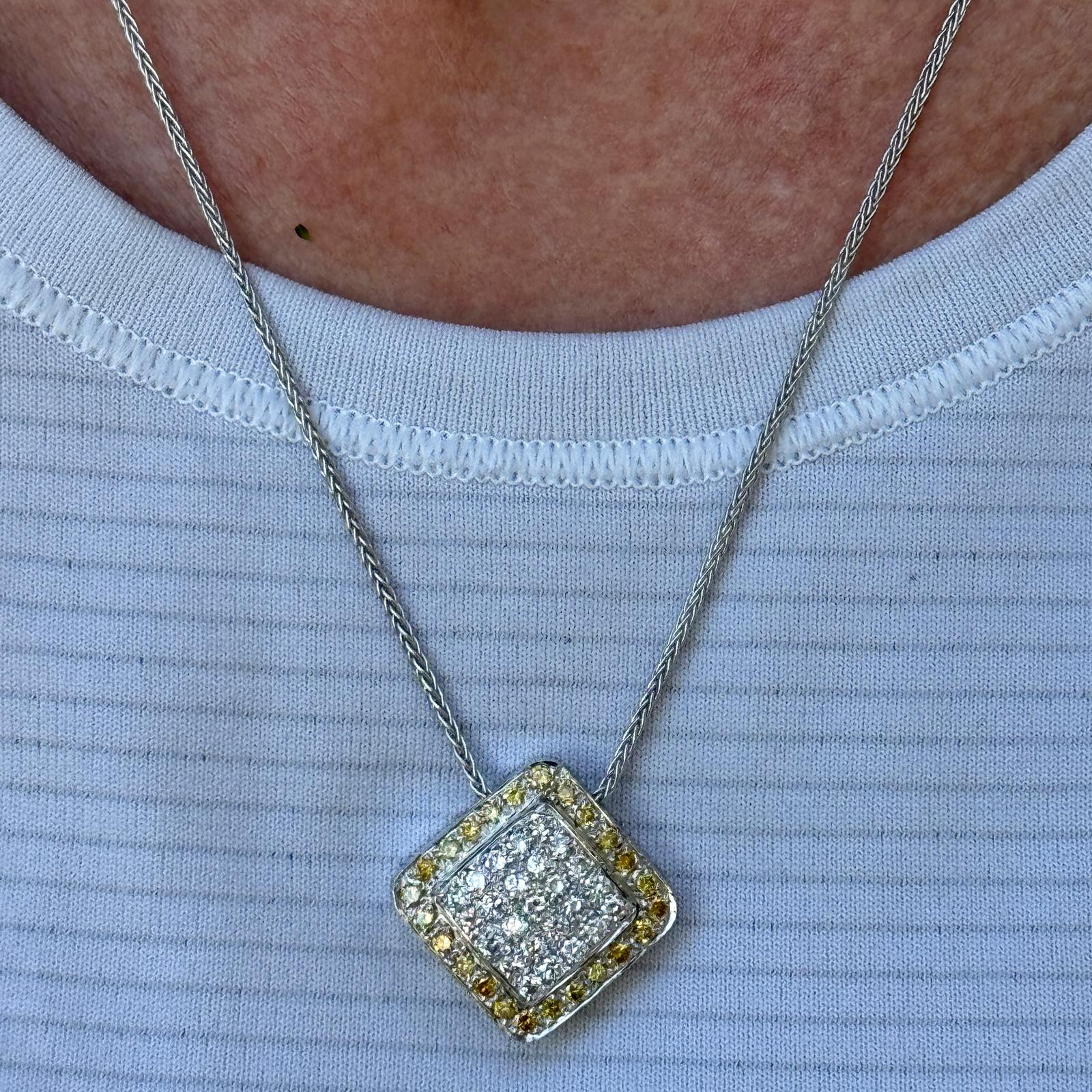 White & Yellow Diamond 18 Karat Two Tone Square Pendant Necklace Contemporary