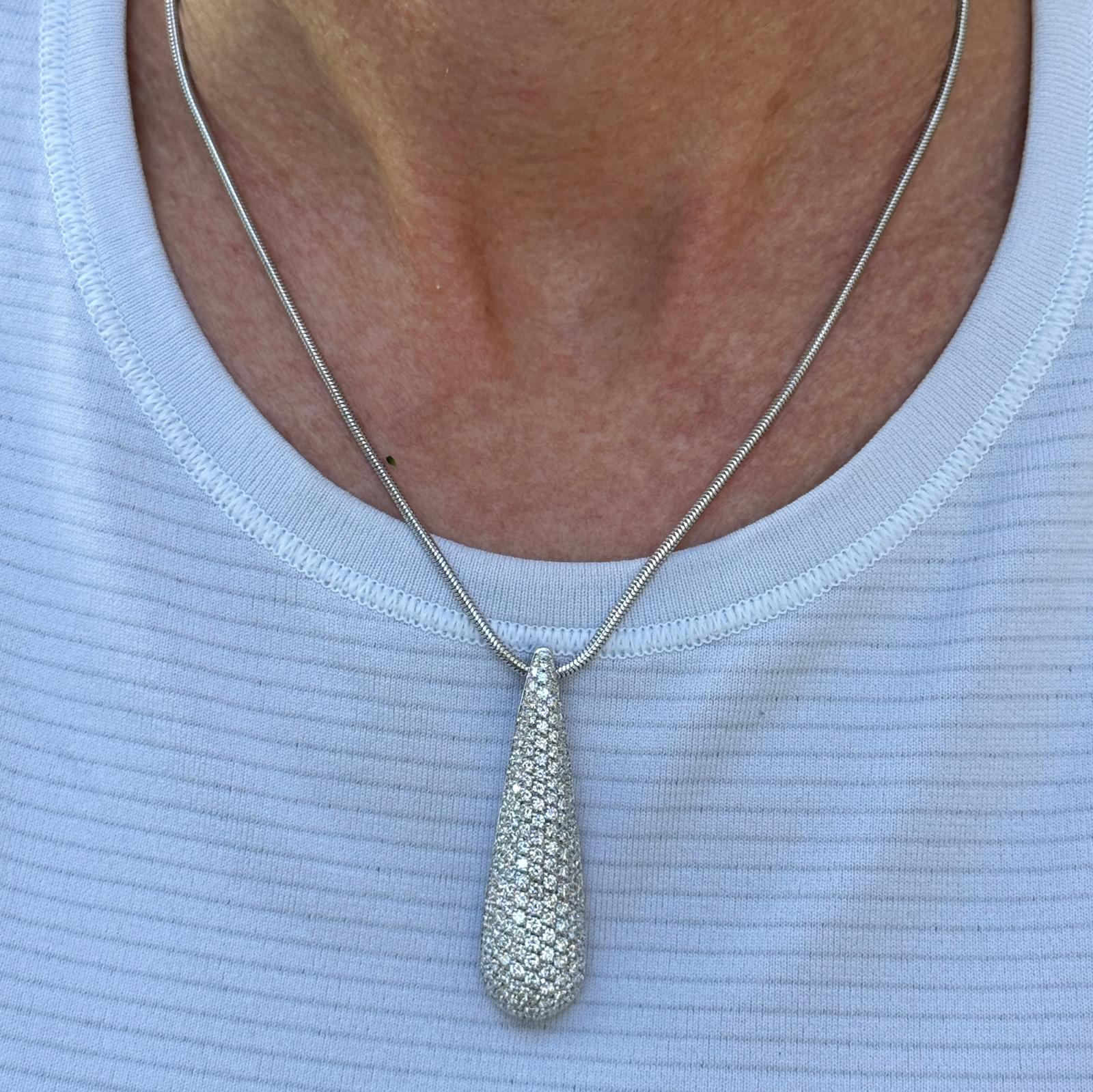 Pavé Diamond 18 Karat White Gold Teardrop Pendant Snake Chain Necklace