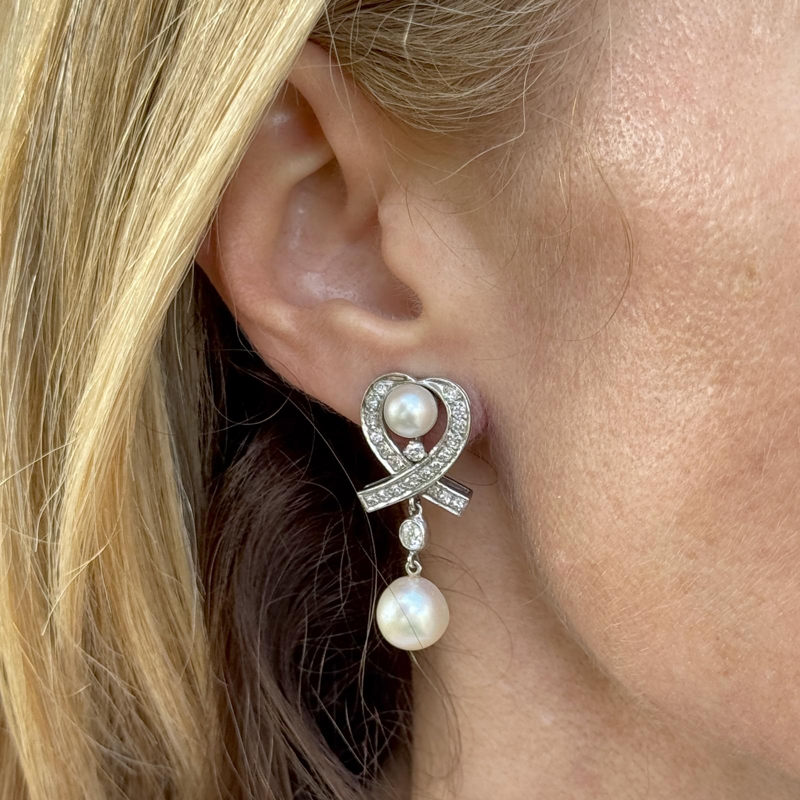 1960's Vintage Diamond & Pearl 14 Karat White Gold Drop Lever-Back Earrings