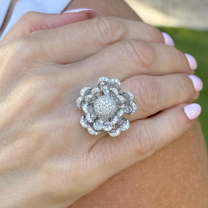 Italian Diamond Flower Temblant Petals Statement Ring 18 Karat White Gold