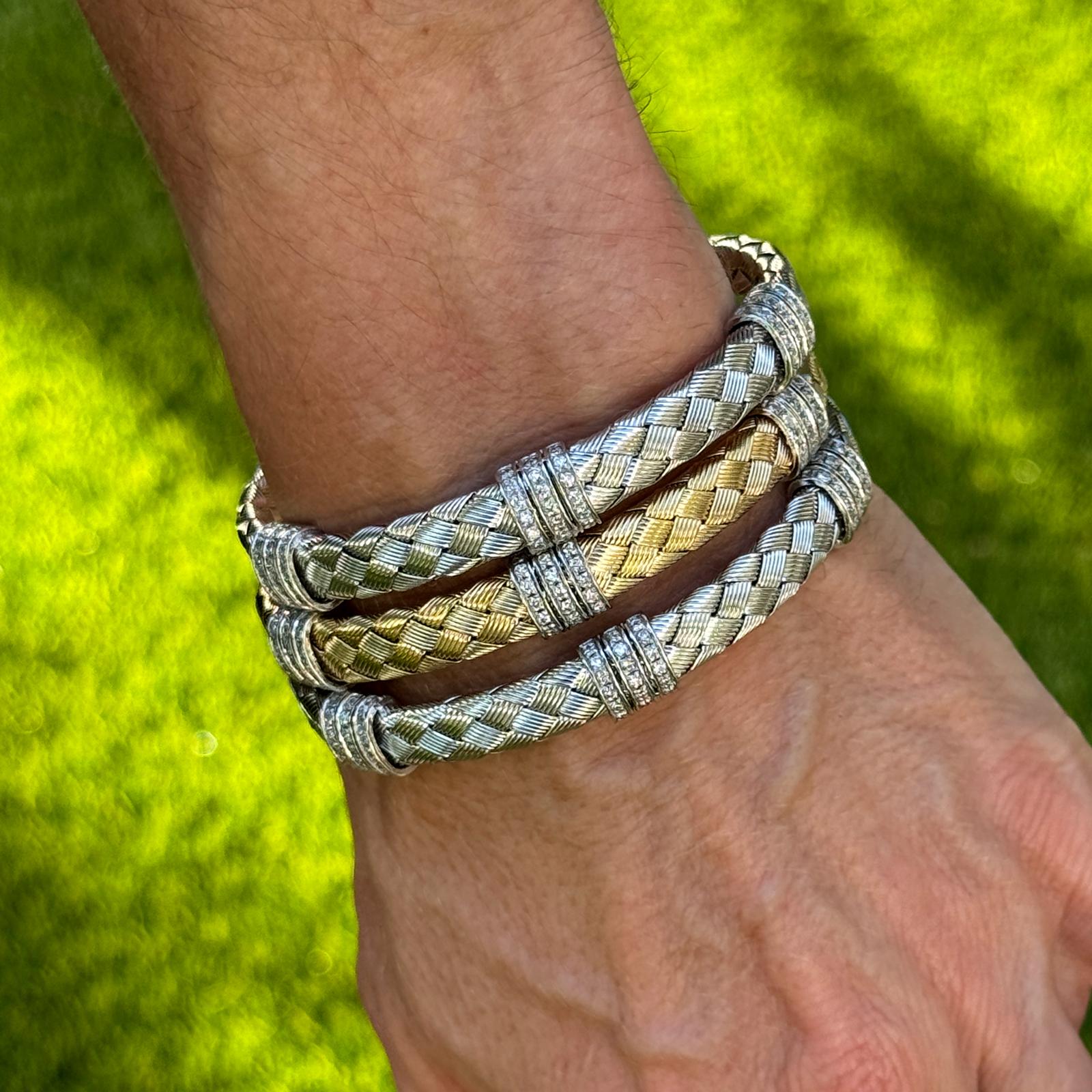 Set Of Three 14 Karat White & Yellow Woven Gold Diamond Stacking Bracelets