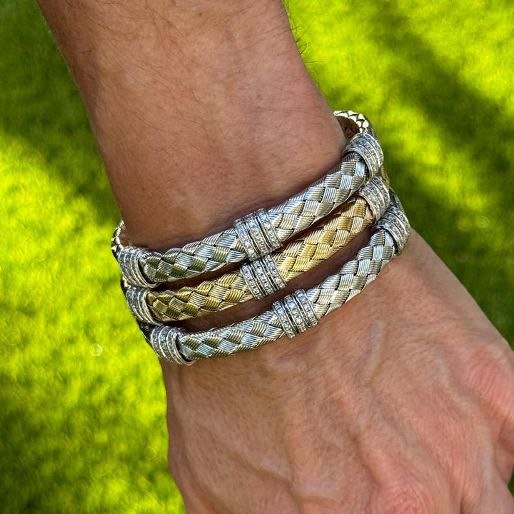 Set Of Three 14 Karat White & Yellow Woven Gold Diamond Stacking Bracelets